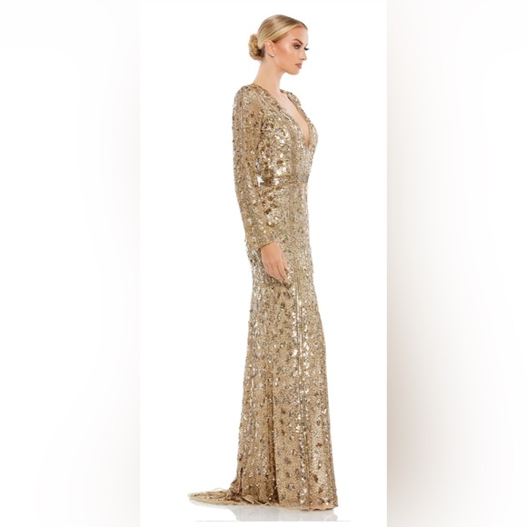 EMBELLISHED FRONT SLIT LONG SLEEVE GOWN - Picture 1 of 3